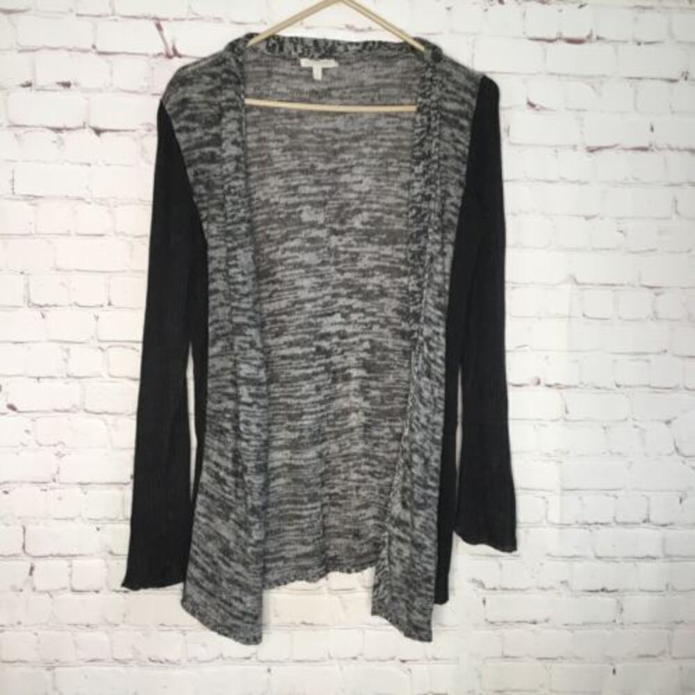 Eileen Fisher Linen Colorblock Marled Open Front Cardigan Grey Black Size M